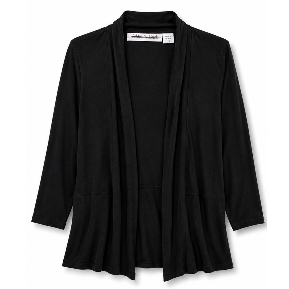 ColdwaterCreek Black Shawl Collar Open Front Cardigan Rib Travel Knit Pockets 2X